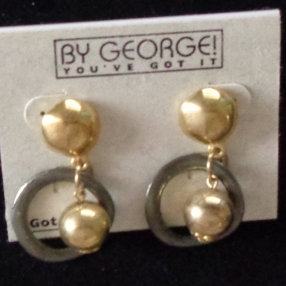 Vintage GOLD & GRAY Drop Dangle Post EARRINGS New On Display Card - Picture 1 of 4